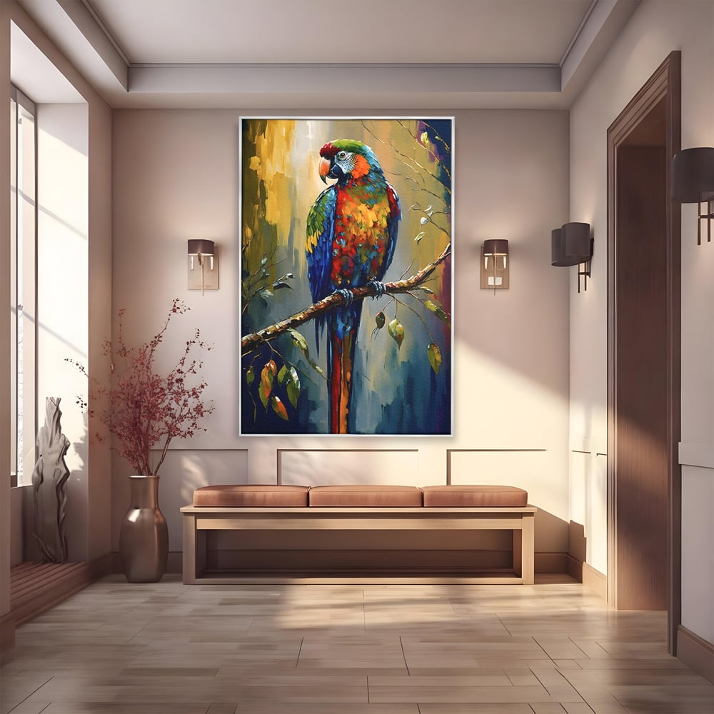 Tablou canvas cu tablou canvas cu papagal colorat, in rama de aluminiu argintiu